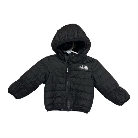 North Face Infant Baby 3-6 Month Black Plaid Reversible Hooded Puffer Jacket - Picture 1 of 6